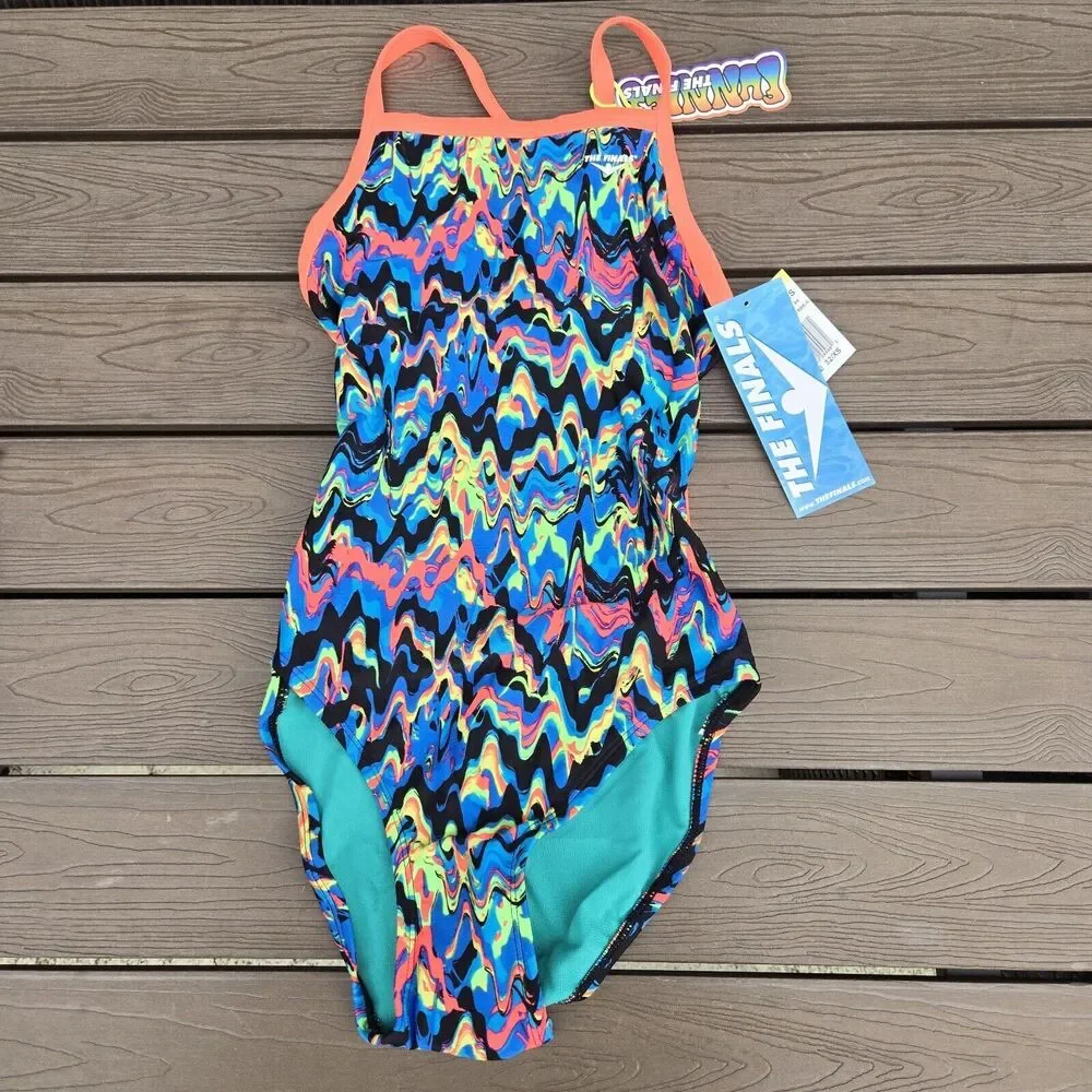 TYR The Finals Youth Girl Funhouse Orange Swimsuit Flutterback No Foil Sz 22 New